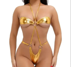 Rose Red One Piece Swimsuit Solid Color High Waist V-neck Halter Backless Bikini Beach Vacation Swimwear