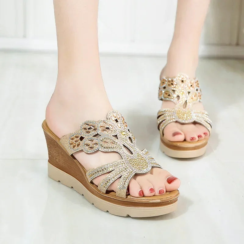 Round Toe Wedges Heel Shoes Casual Comfort Rhinestone Slippers Party Sandals