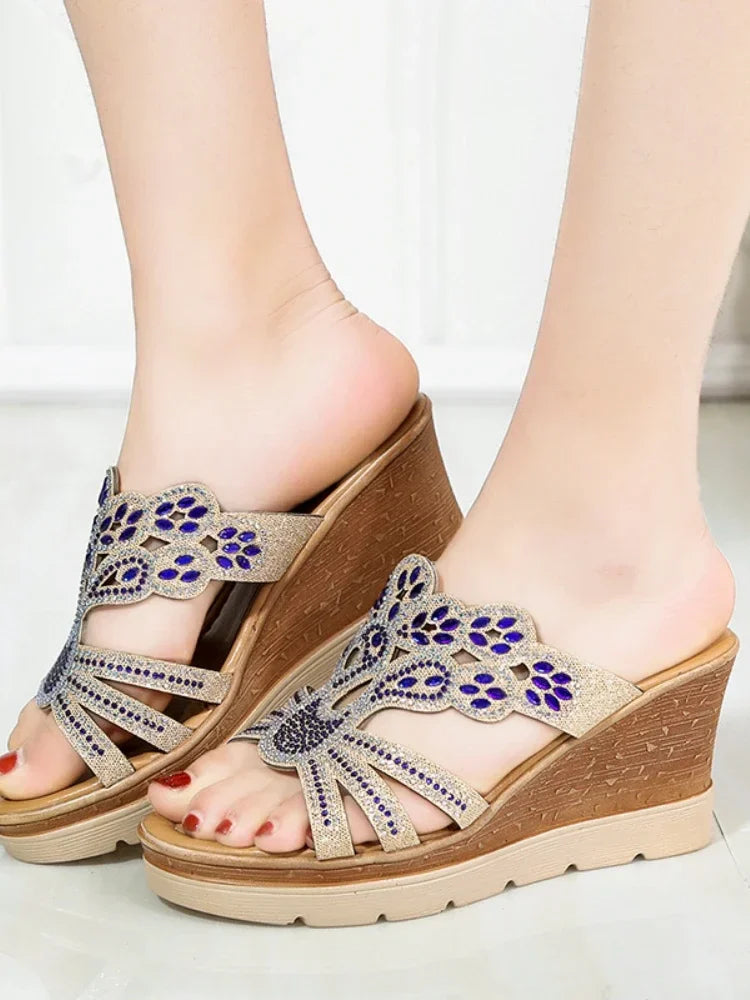Round Toe Wedges Heel Shoes Casual Comfort Rhinestone Slippers Party Sandals