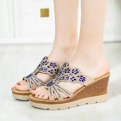 Round Toe Wedges Heel Shoes Casual Comfort Rhinestone Slippers Party Sandals