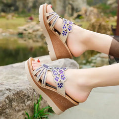 Round Toe Wedges Heel Shoes Casual Comfort Rhinestone Slippers Party Sandals