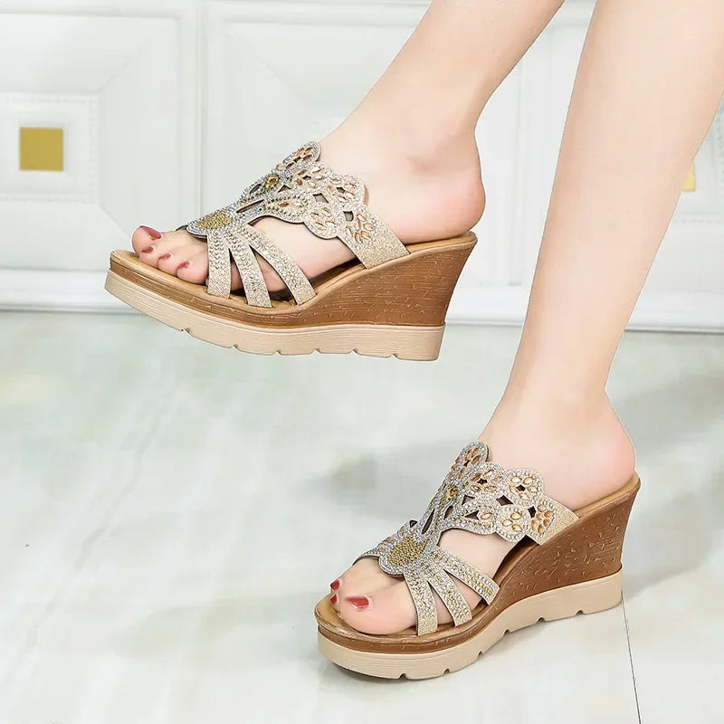 Round Toe Wedges Heel Shoes Casual Comfort Rhinestone Slippers Party Sandals