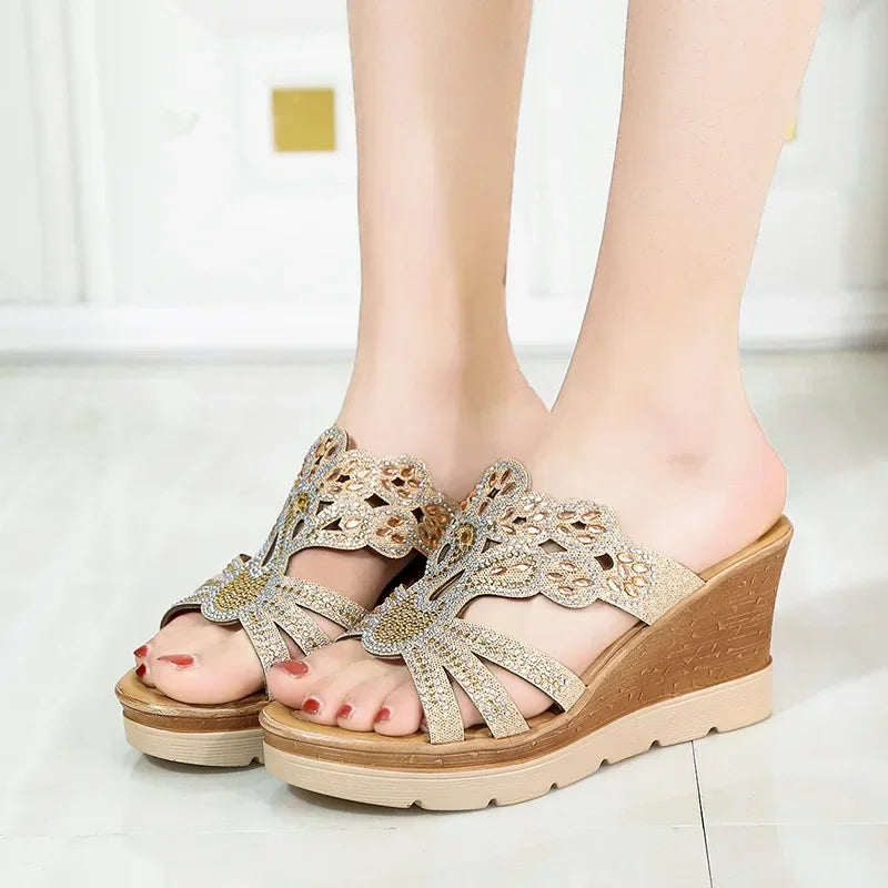 Round Toe Wedges Heel Shoes Casual Comfort Rhinestone Slippers Party Sandals