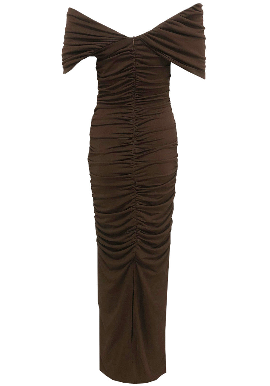 Draped Bardot Maxi Dress Brown