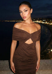 Draped Bardot Maxi Dress Brown