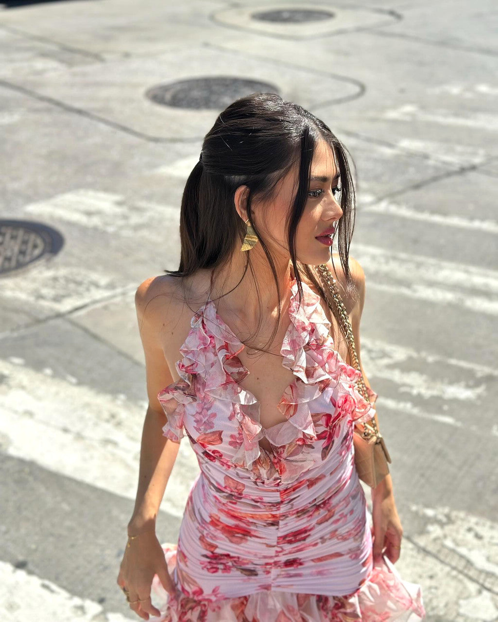 Halter Floral Ruched Ruffle Dress Pink