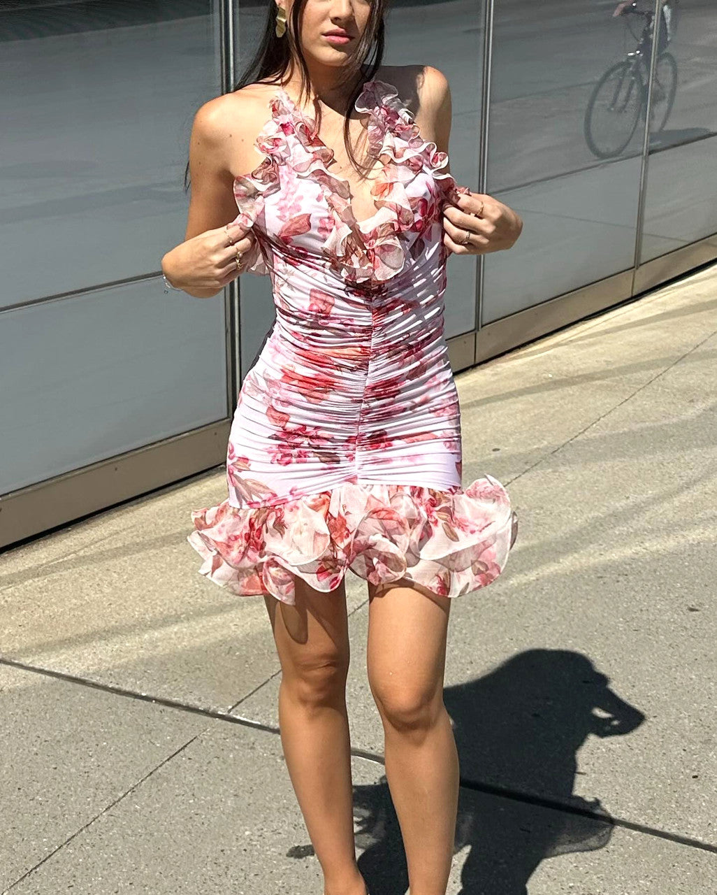 Halter Floral Ruched Ruffle Dress Pink