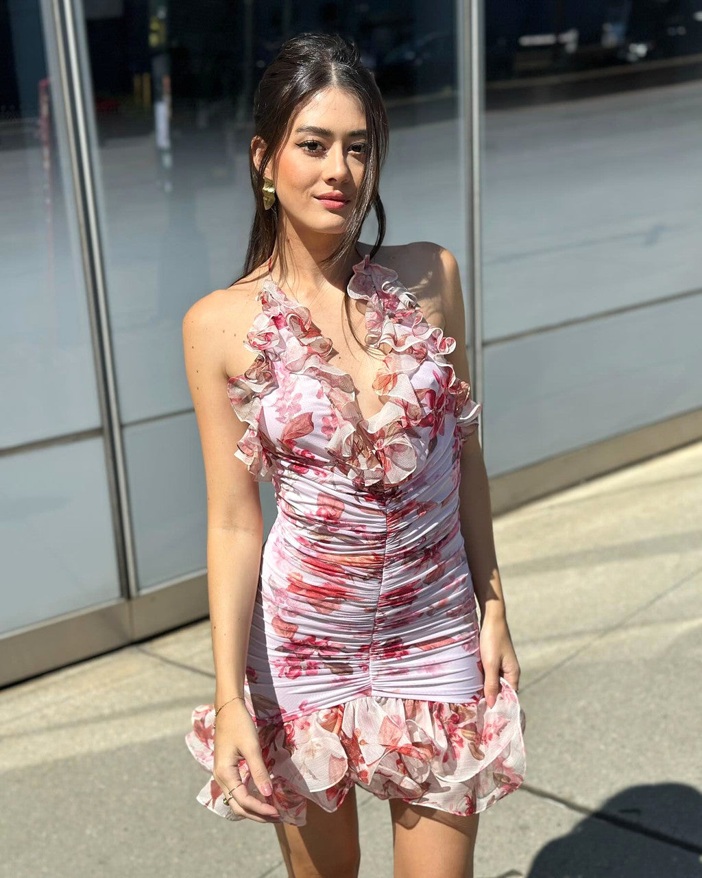 Halter Floral Ruched Ruffle Dress Pink
