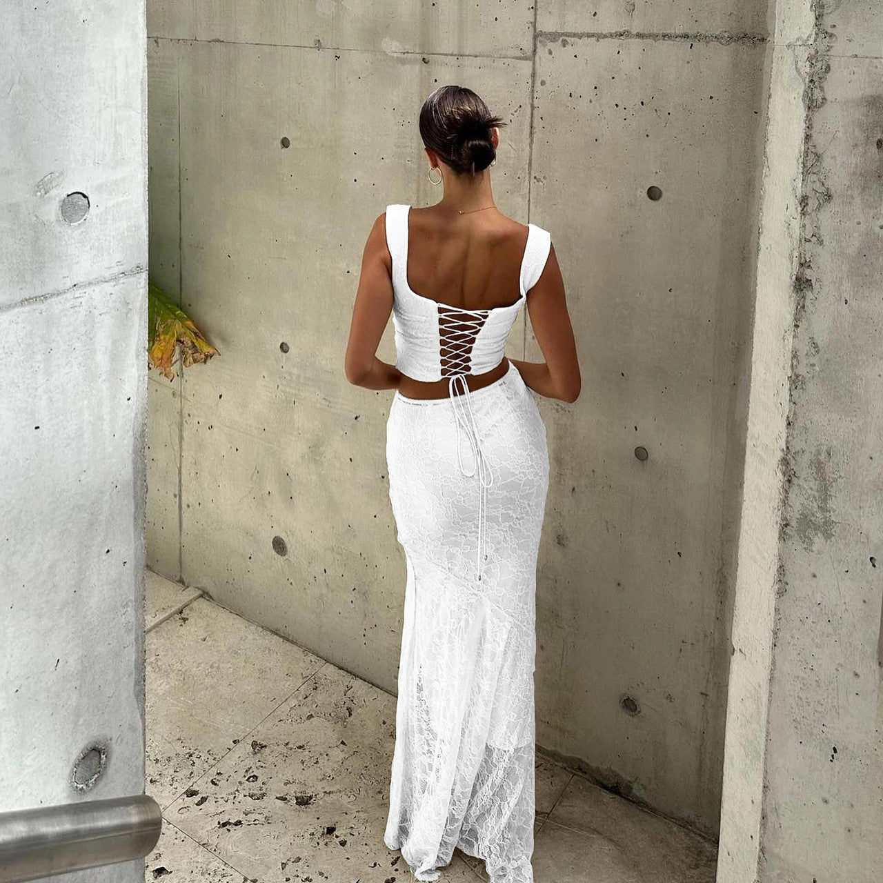 Ruched Lace Corset Two Piece Maxi Dress White