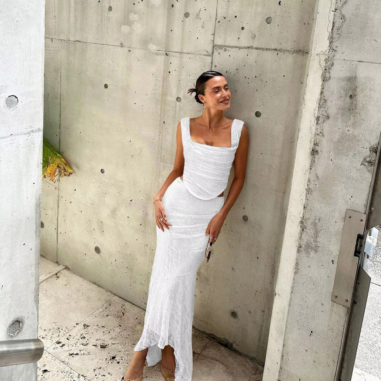 Ruched Lace Corset Two Piece Maxi Dress White