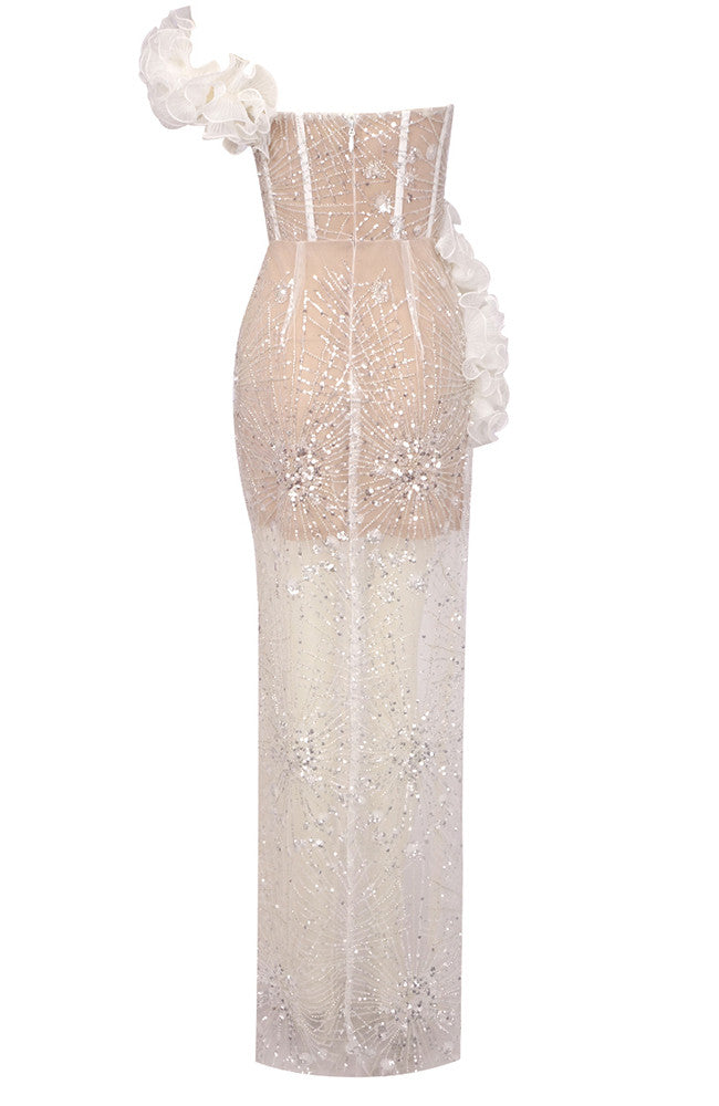 Ruffle Bardot Embellished Maxi Dress White