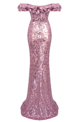 Ruffle Bardot Crystal Sequin Maxi Dress Pink
