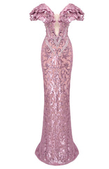 Ruffle Bardot Crystal Sequin Maxi Dress Pink