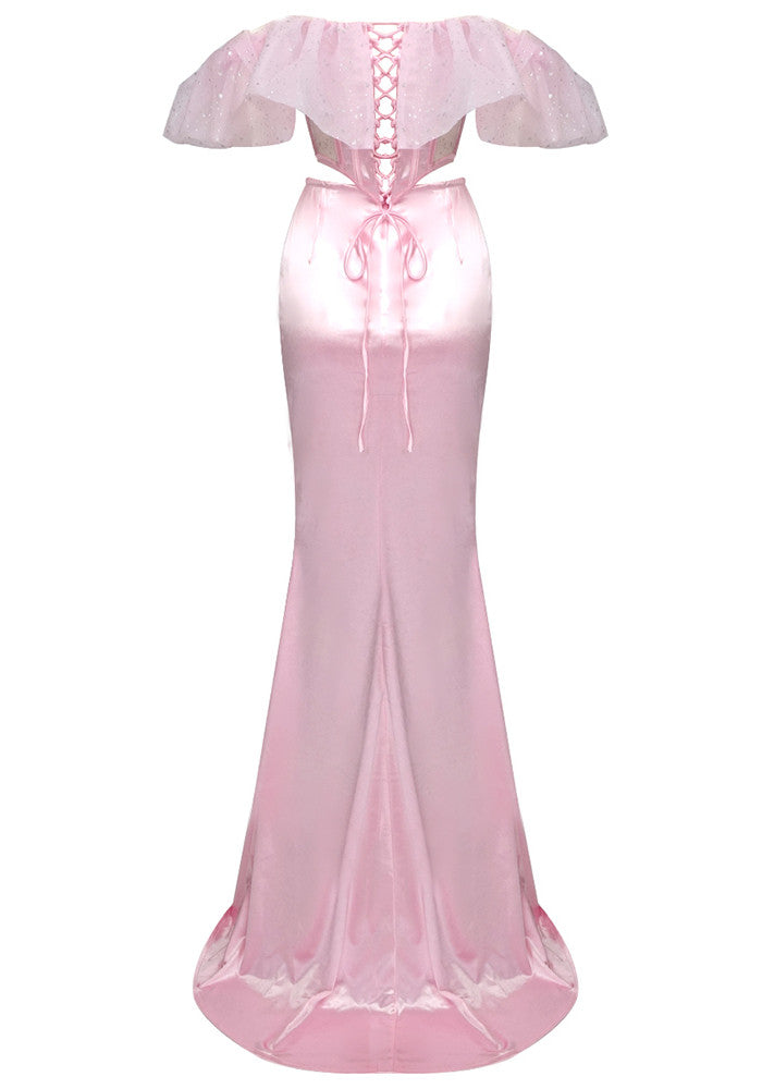 Ruffle Bardot Corset Two Piece Maxi Dress Pink