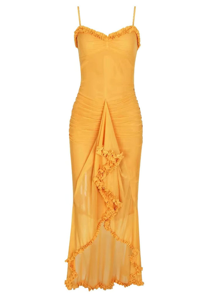 Ruffle Detail Ruched Maxi Dress Yellow