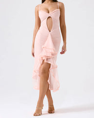 Ruffle Ruched Midi Dress Pink