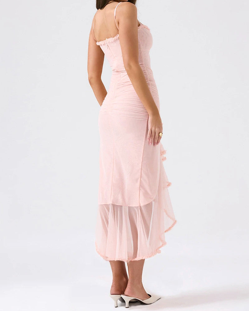 Ruffle Ruched Midi Dress Pink