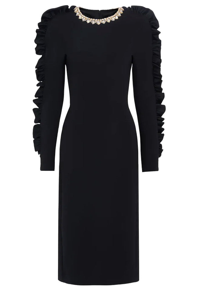 Ruffle Long Sleeve Midi Dress Black