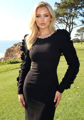 Ruffle Long Sleeve Midi Dress Black
