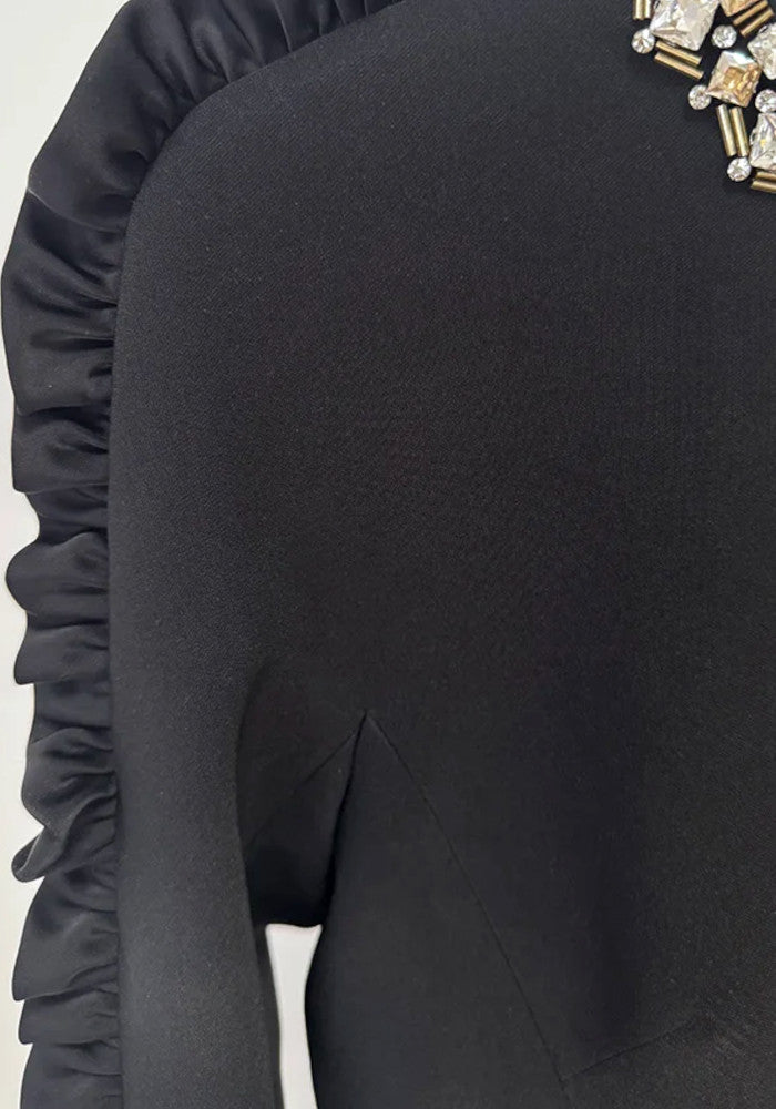Ruffle Long Sleeve Midi Dress Black