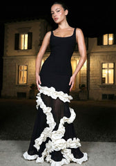 Ruffle Mesh Maxi Dress Black White