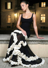 Ruffle Mesh Maxi Dress Black White