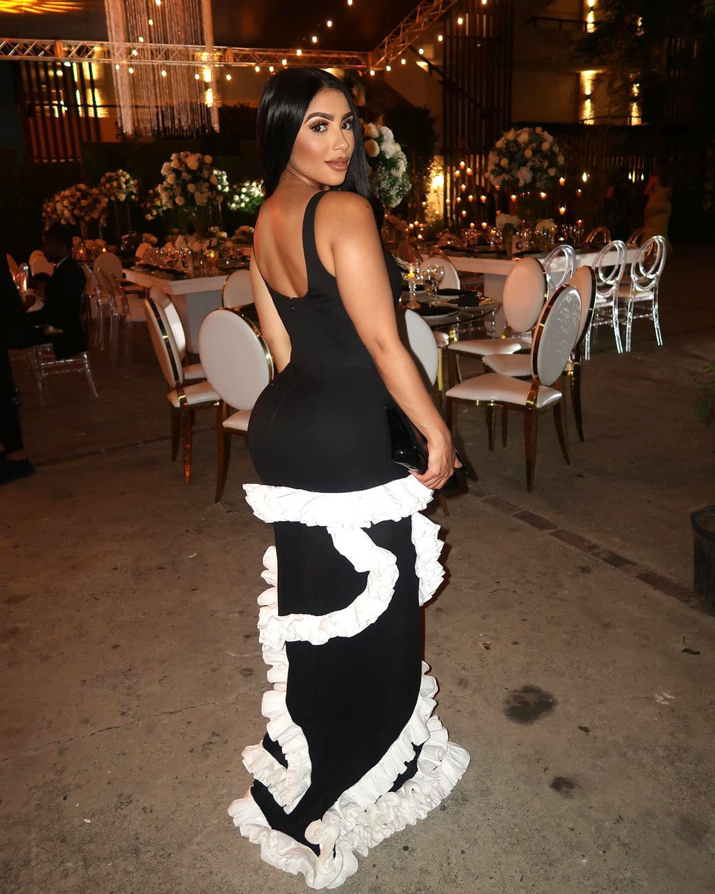 Ruffle Mesh Maxi Dress Black White