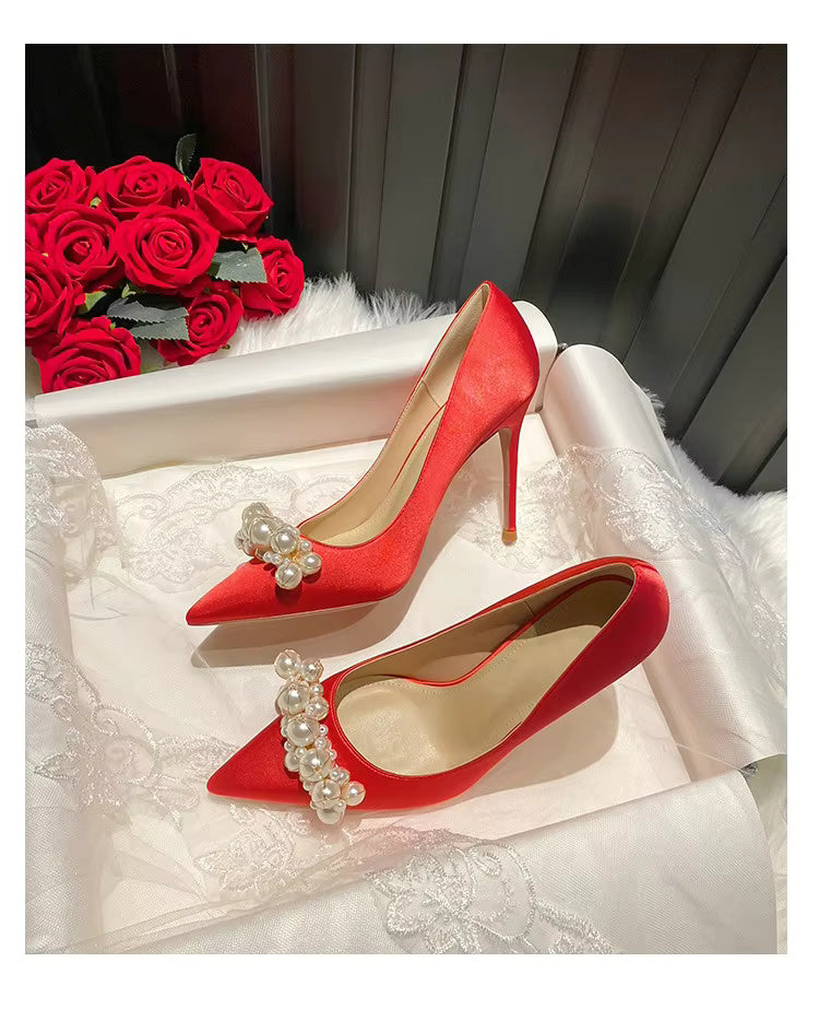 Pearl Pattern French Satin Wedding Bridesmaid High Heels Shoes