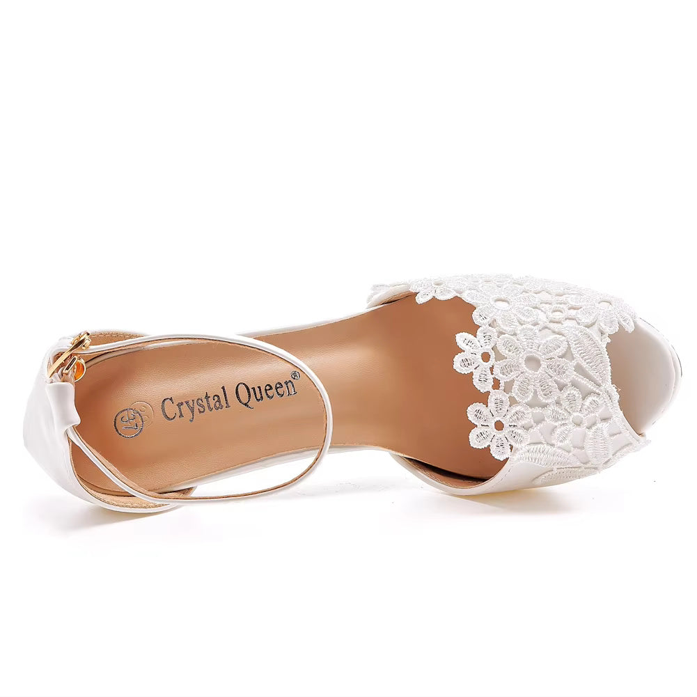 Crystal Pattern White Lace Toe High Heels Queen Party Sandals