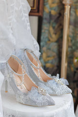 Elegant Lace Bowknot Pearls Gems Pattern Pointed High Heeled Wedding Sandals