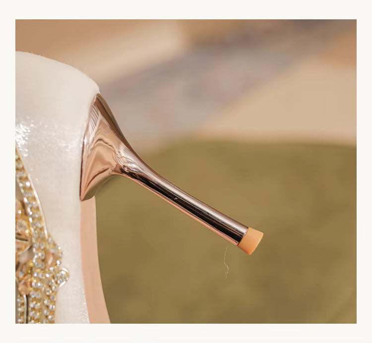 Pearl Bowknot Pattern Pointed Pearl Satin High Heel Sandals