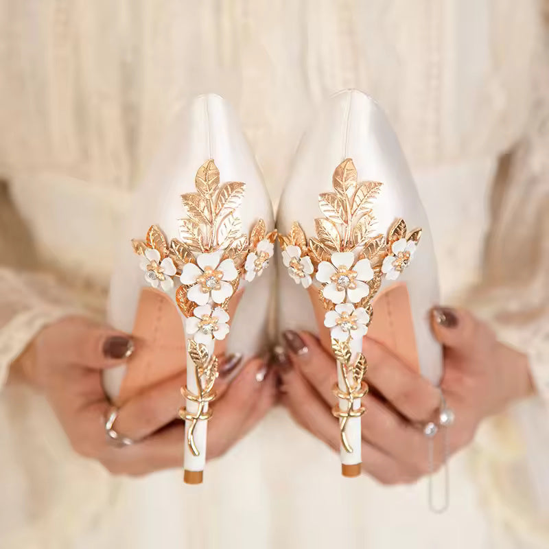 Elegant Silk Design Luxury Flower Pattern Stiletto Heeled