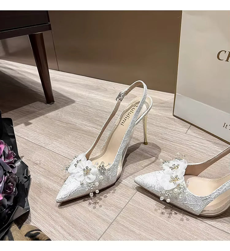 Shallow Mouth Flower Water Diamond Slim Wedding Shoes High Heels