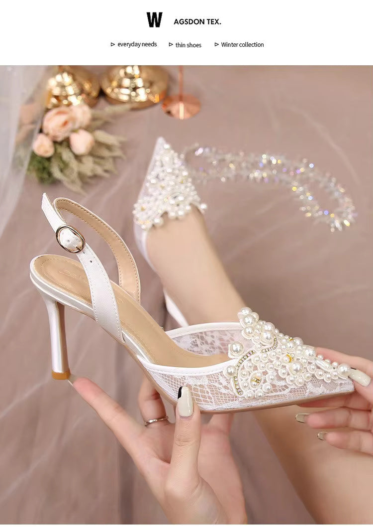 Pearl Fashion High Heels Lace Shoes Bridesmaid Shoes Pumps