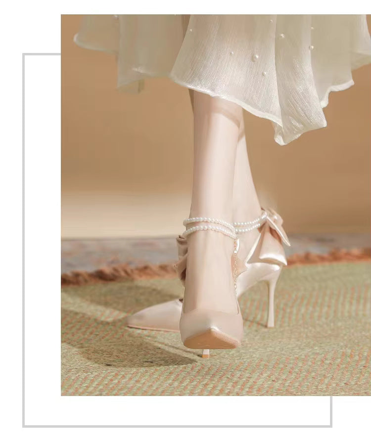 Pearls Buckle Belt Satin Fabric Bow  High Heel Point Toe Wedding Shoes