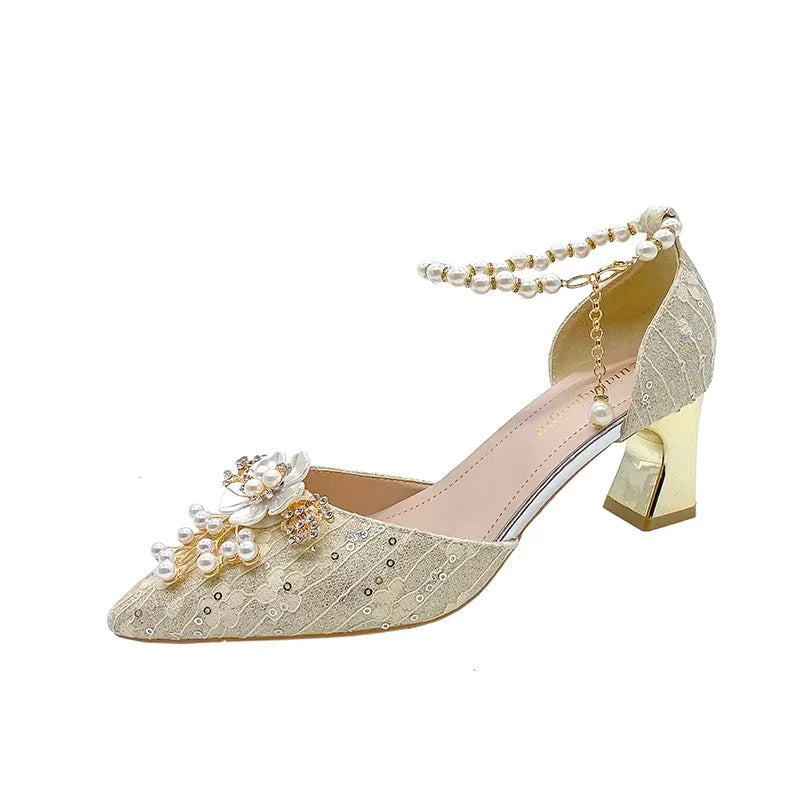 Lace Beaded Tassel Fashion Rhinestone Pattern Thick Heel Bridal Shoes