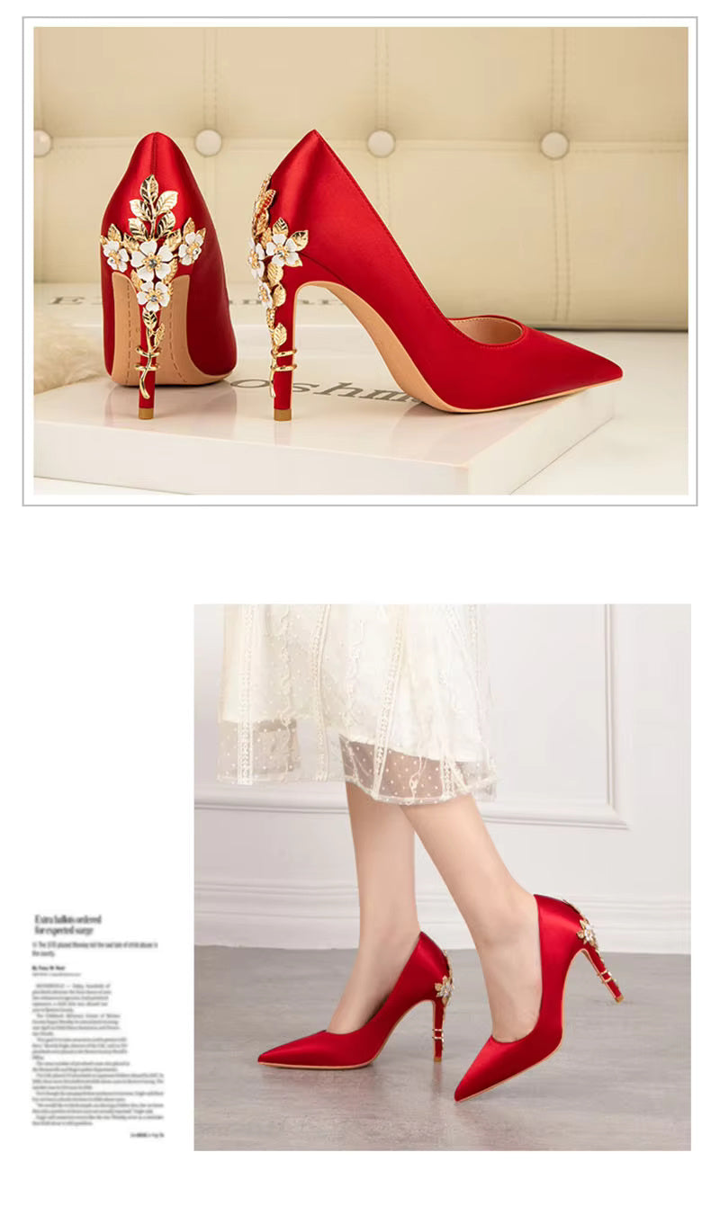 Elegant Silk Design Luxury Flower Pattern Stiletto Heeled