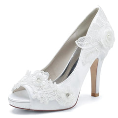 Lace Flowers Open Toe Sweet Prom Graduation Satin Wedding High Heels Shoes