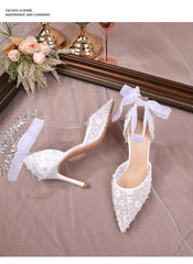 Pointy Thin Heel Lace Hollow Bun Strap Fashion Mesh High Heels Bride Shoes Sandals