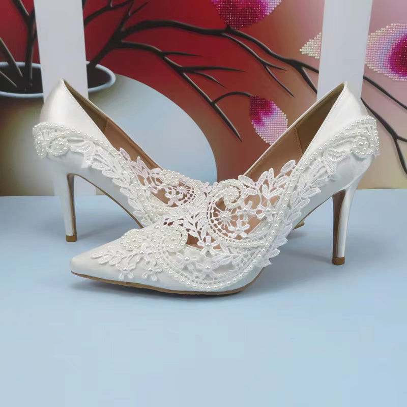 Pointed Toe Fashion hallow Thin Heel Bridal Wedding shoes High Pumps