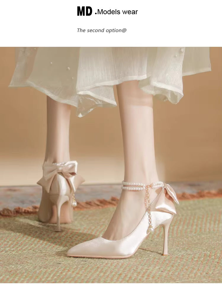 Pearls Buckle Belt Satin Fabric Bow  High Heel Point Toe Wedding Shoes