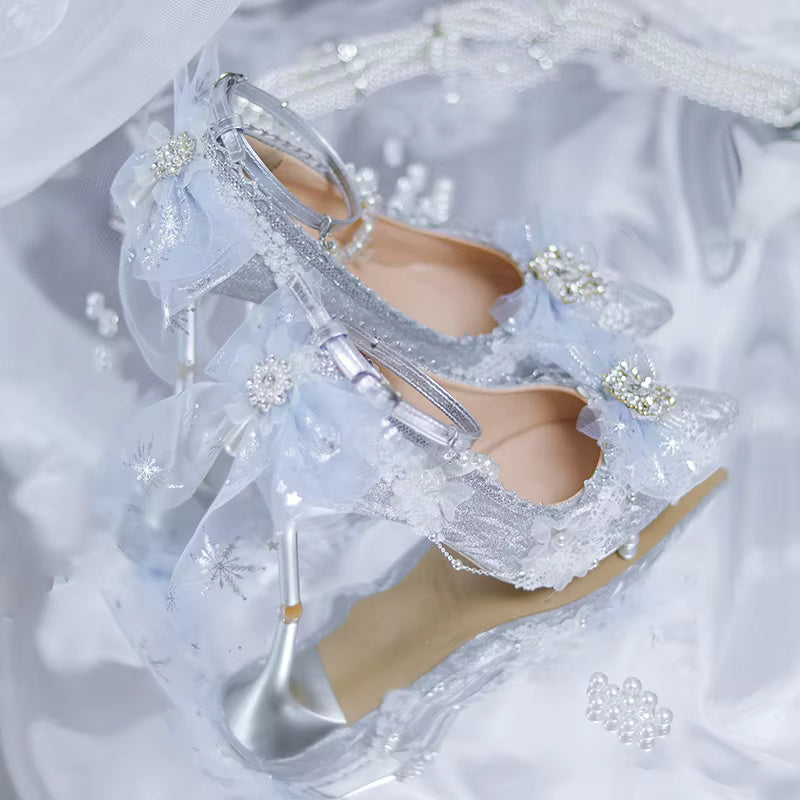 Elegant Lace Bowknot Pearls Gems Pattern Pointed High Heeled Wedding Sandals