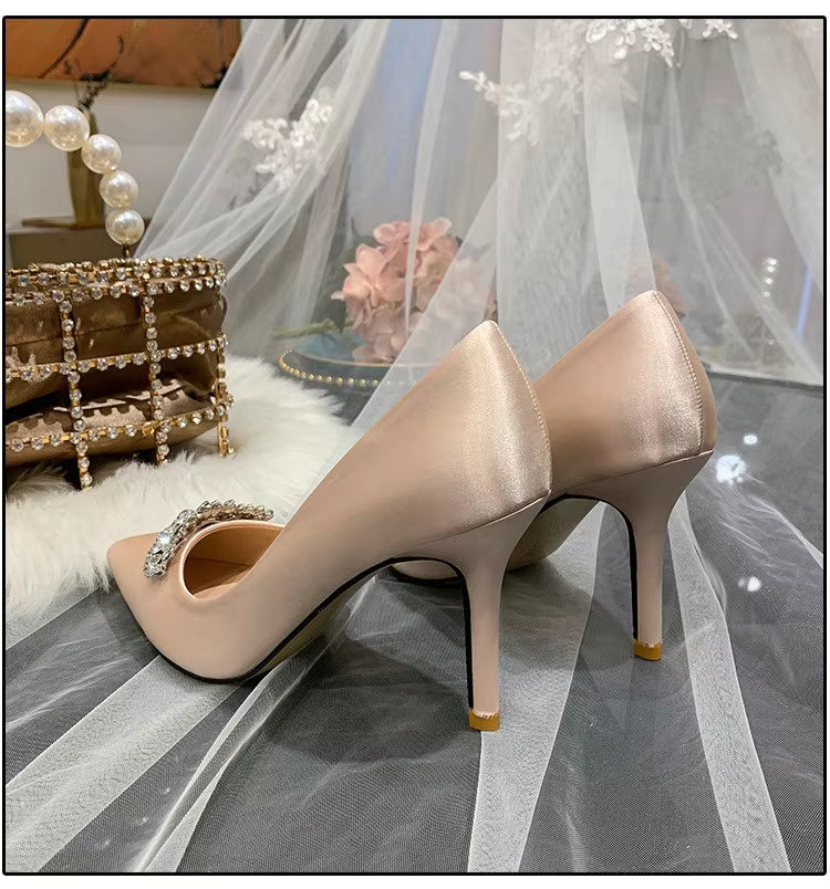 Thin Heel Pointed Toe Fashion Rhinestone Princess Pumps Satin Bridal Shoes
