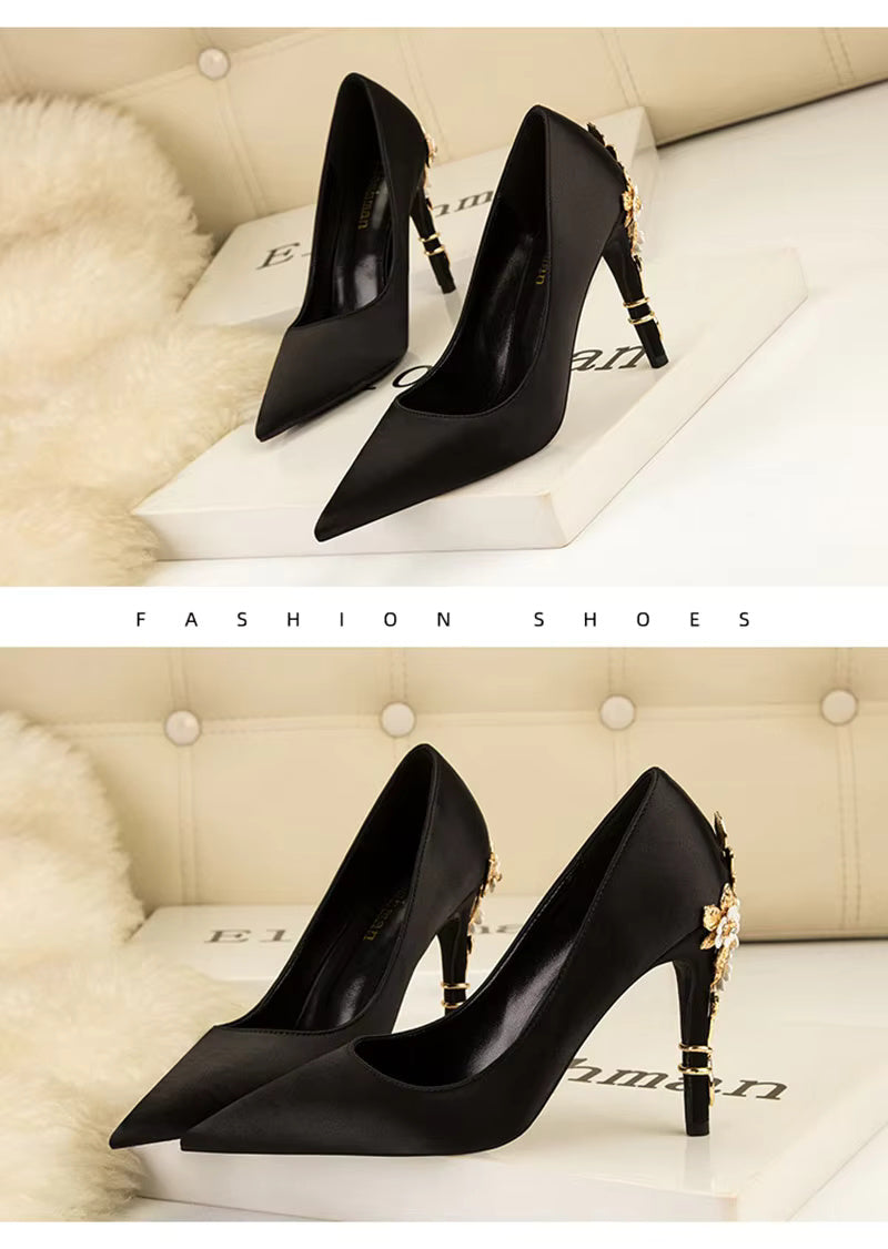 Elegant Silk Design Luxury Flower Pattern Stiletto Heeled
