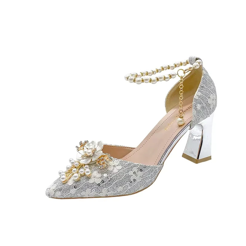 Lace Beaded Tassel Fashion Rhinestone Pattern Thick Heel Bridal Shoes
