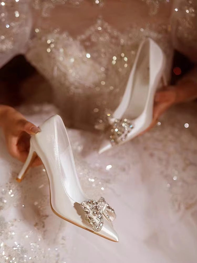 Bow Pattern High Sense French Satin Bridal High Heels Shoes