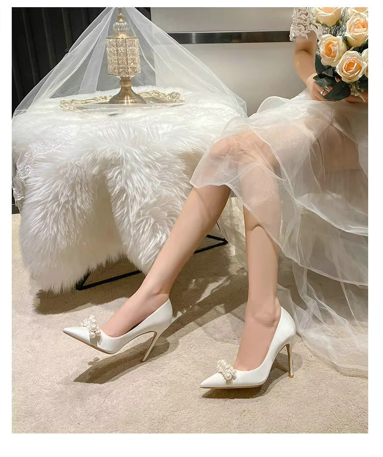 Pearl Pattern French Satin Wedding Bridesmaid High Heels Shoes