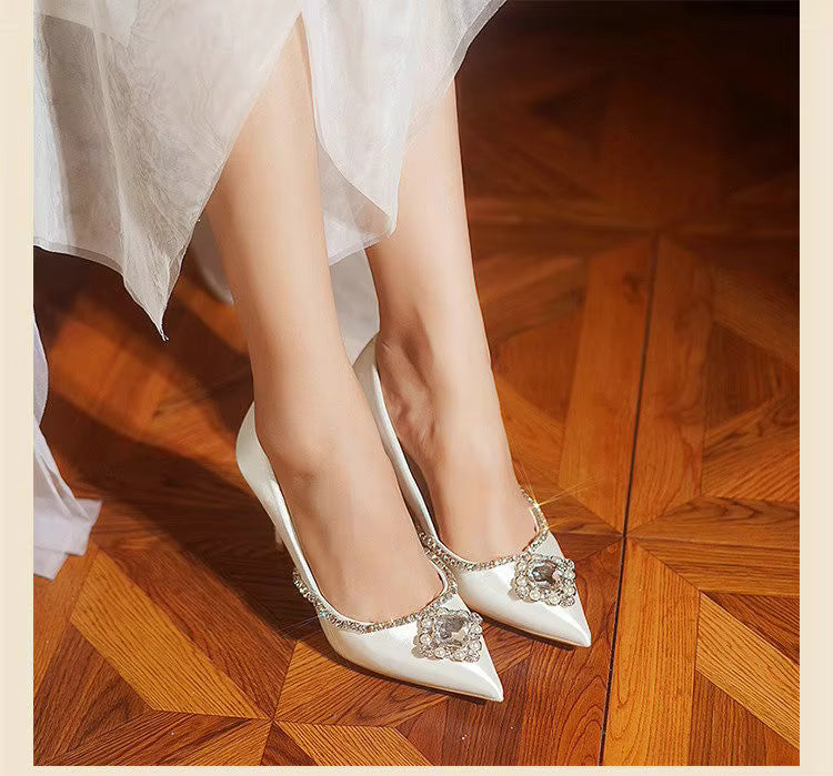 Luxury Pointed Toe Crystal Buckle High Heels Wedding Shoes Stilettos