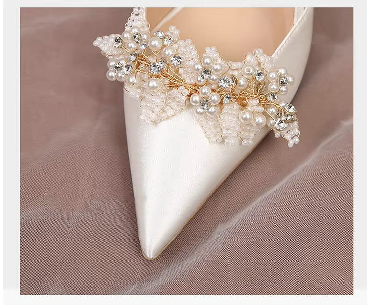 White Pearl Fashion Luxury Satin Bridal High Heels Pumps