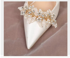 White Pearl Fashion Luxury Satin Bridal High Heels Pumps